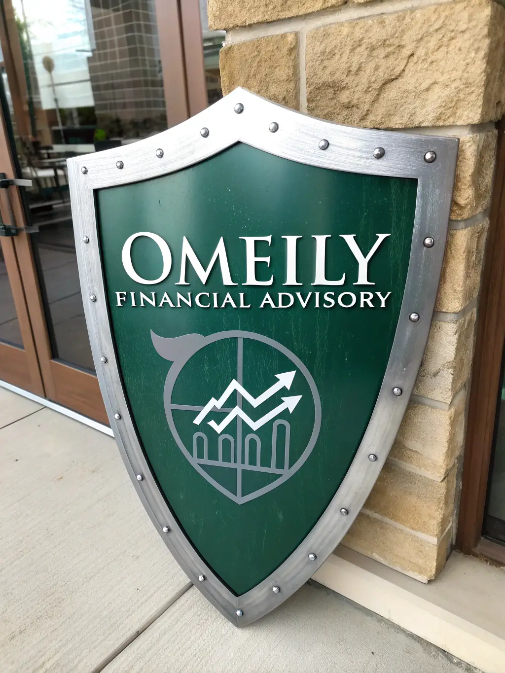 An elegant logo for Omeily Financial Advisory, featuring a shield and financial charts, symbolizing security and strategic financial planning.
