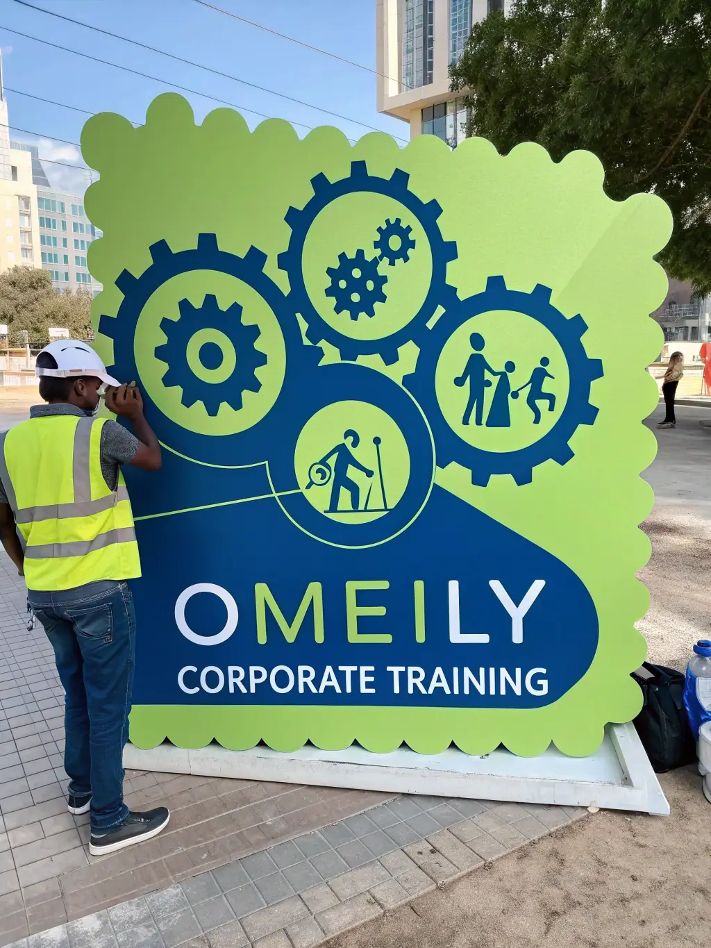 A dynamic logo for Omeily Corporate Training, showing interconnected gears and people icons, representing skill development and teamwork.