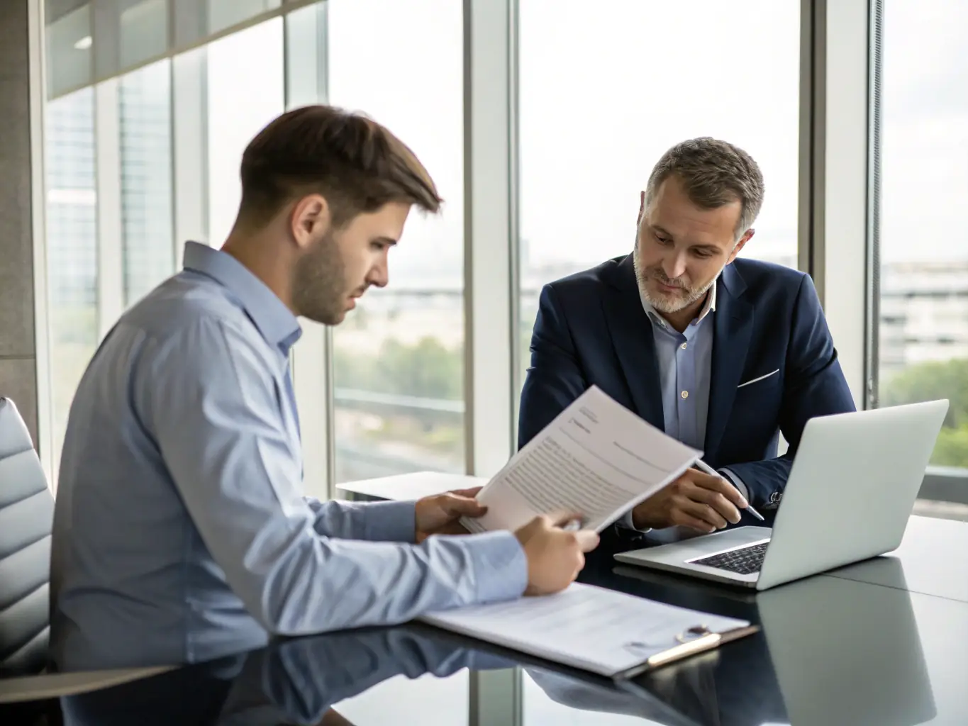 An image of a professional consultant discussing strategies with clients in a modern office setting, emphasizing collaboration and expertise.
