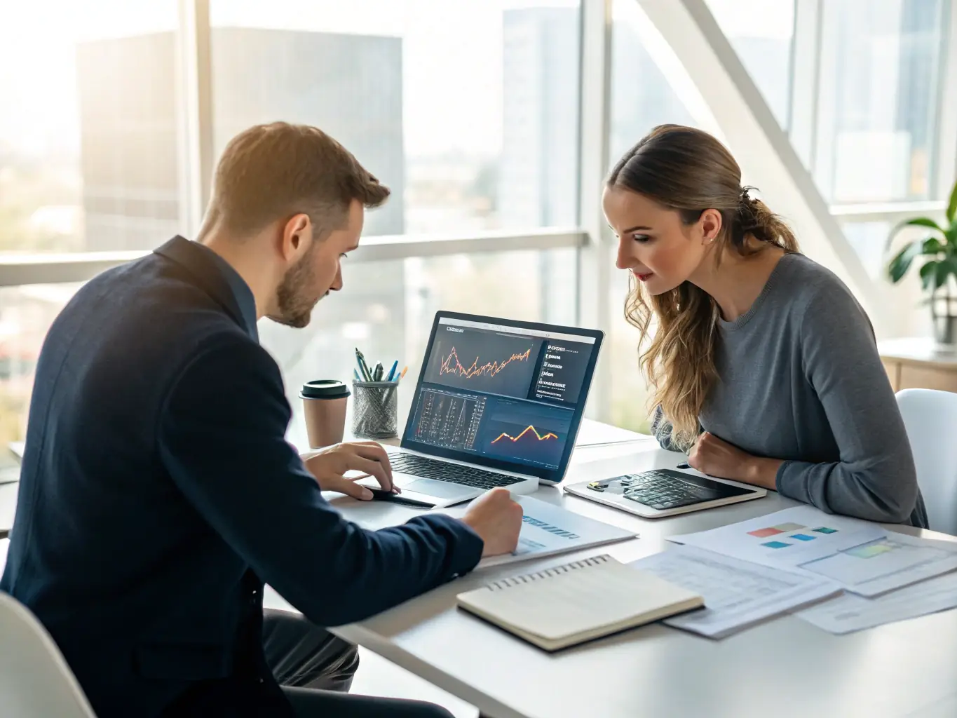 An image of financial analysts reviewing reports and discussing strategies in a modern office, showcasing data analysis and strategic planning.