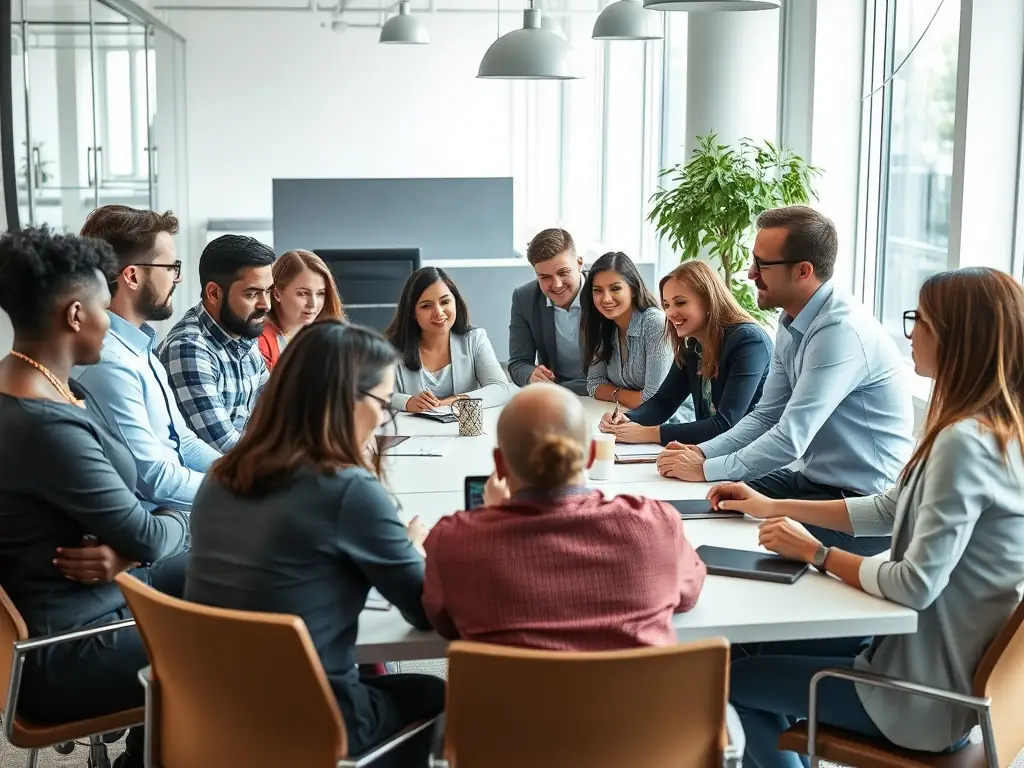 A group of professionals participating in a corporate training session, with an instructor leading a workshop on leadership skills.