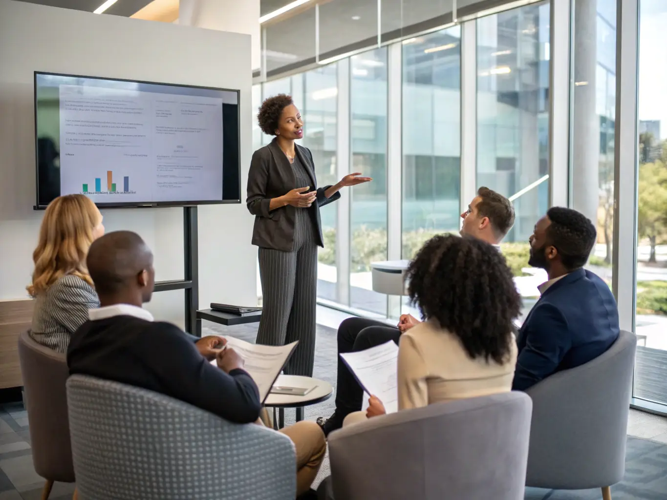 A group of professionals participating in a corporate training session, actively engaged in learning and development activities, reflecting Omeily Group's Corporate Training service.