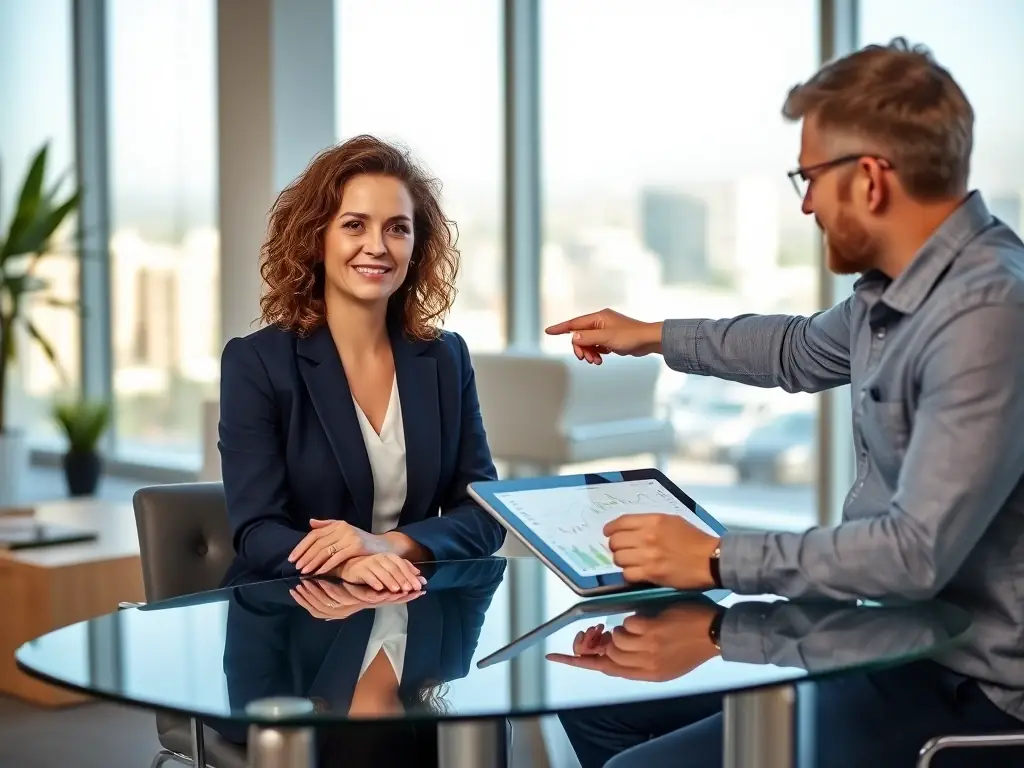 A financial advisor reviewing investment portfolios and discussing financial strategies with a client, showcasing Omeily Group's Financial Advisory service.