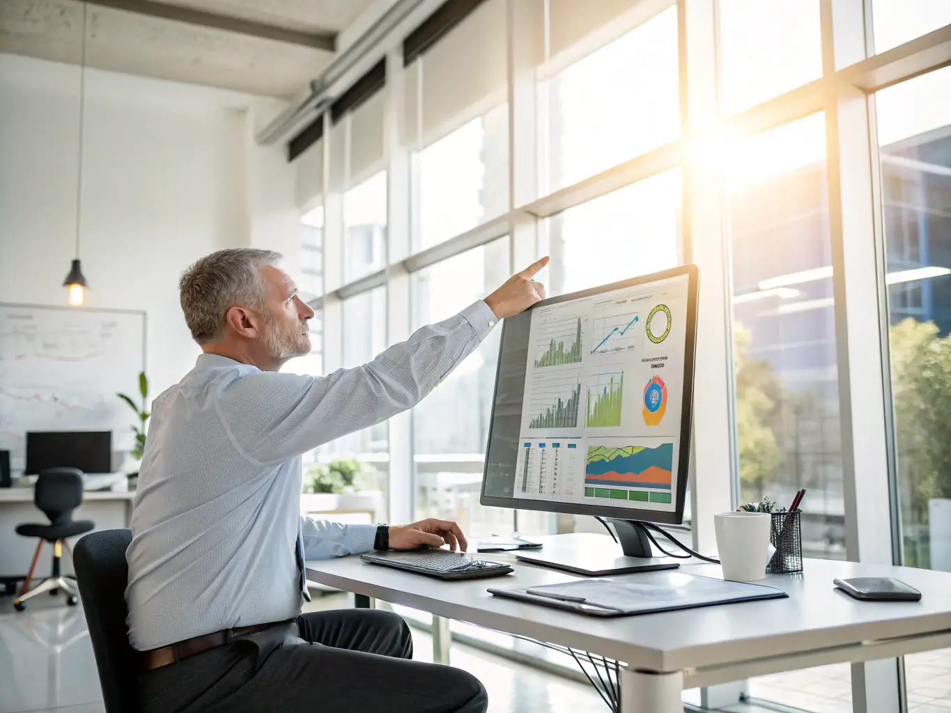 A professional consultant in a modern office setting, advising a client on business strategies, with charts and graphs visible in the background, representing Omeily Group's Business Consulting service.