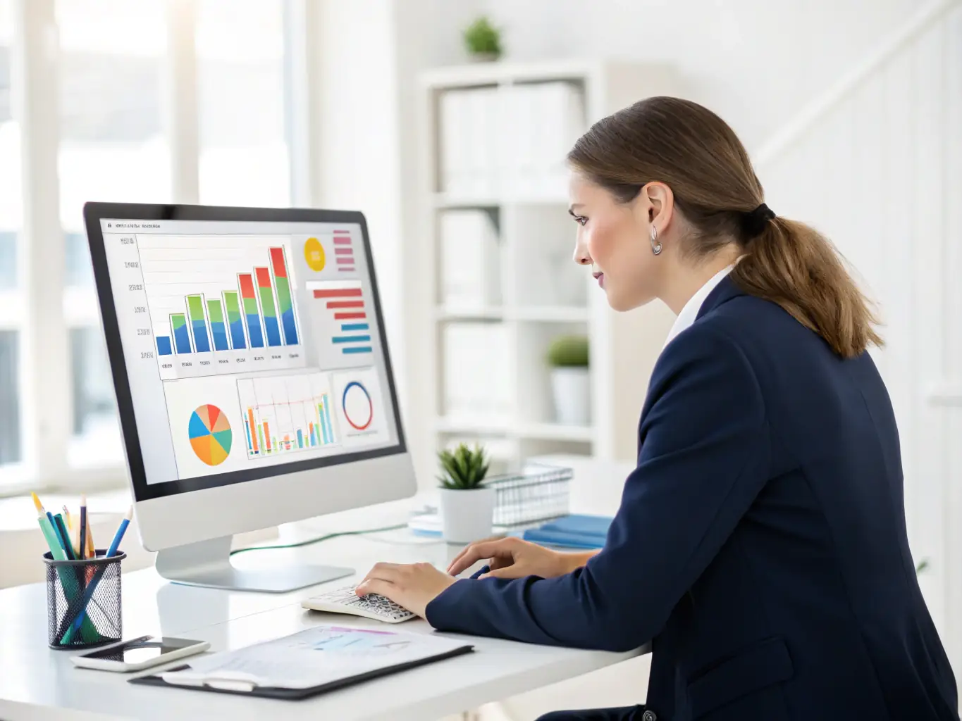 A professional consultant in a modern office setting, advising a client on business strategies, with charts and graphs visible in the background.